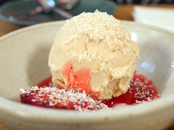 illustrative photo of the coconut and cardamom sorbet with sumac roast plums at Bubala