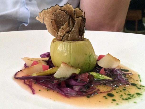 illustrative photo of the artichoke in sourdough broth with autumn truffle at Trivet