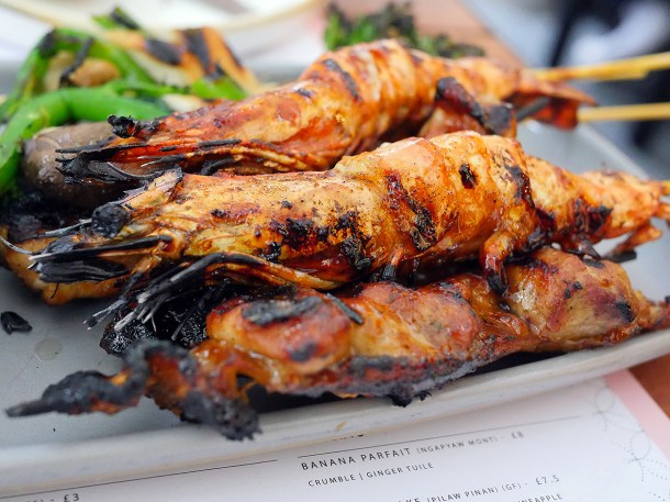 illustrative photo of the grilled king prawn skewers at Lahpet West End