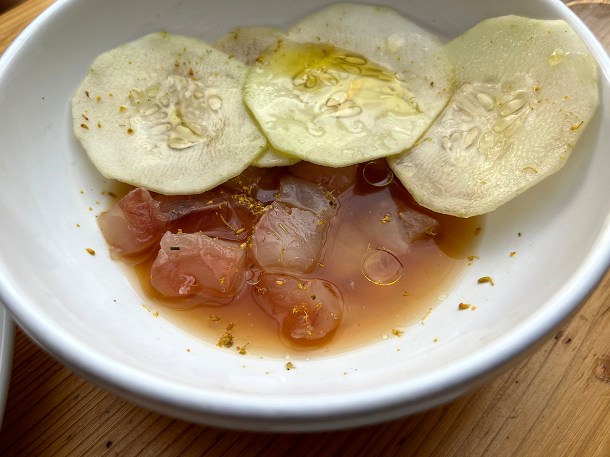 illustrative photo of the red mullet crudo at Acme Fire Cult