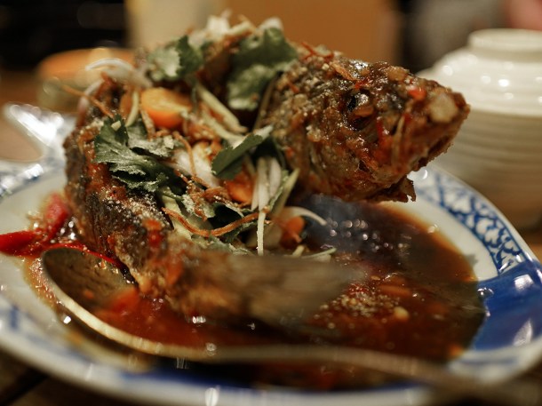 illustrative photo of the deep-fried whole sea bass at Begging Bowl