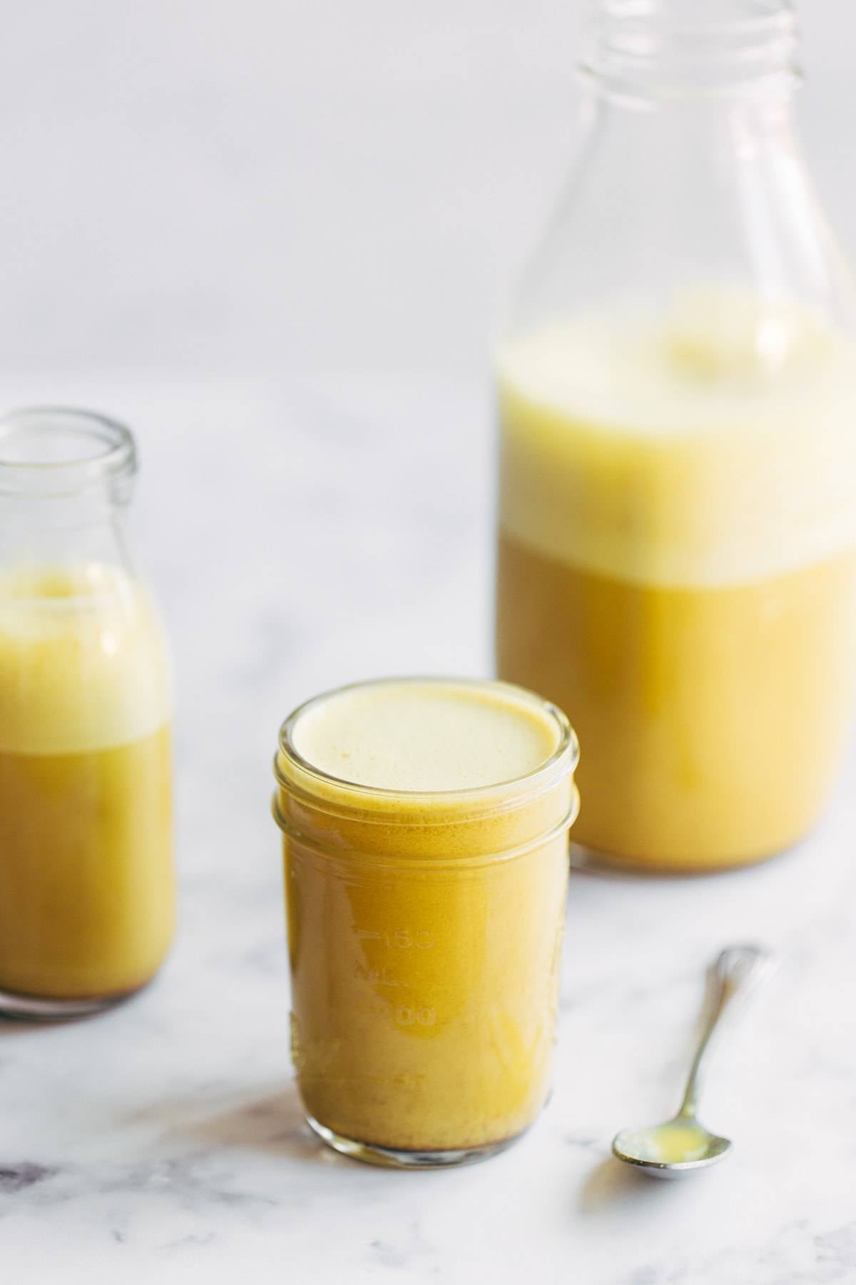 Golden milk latte in a jar.