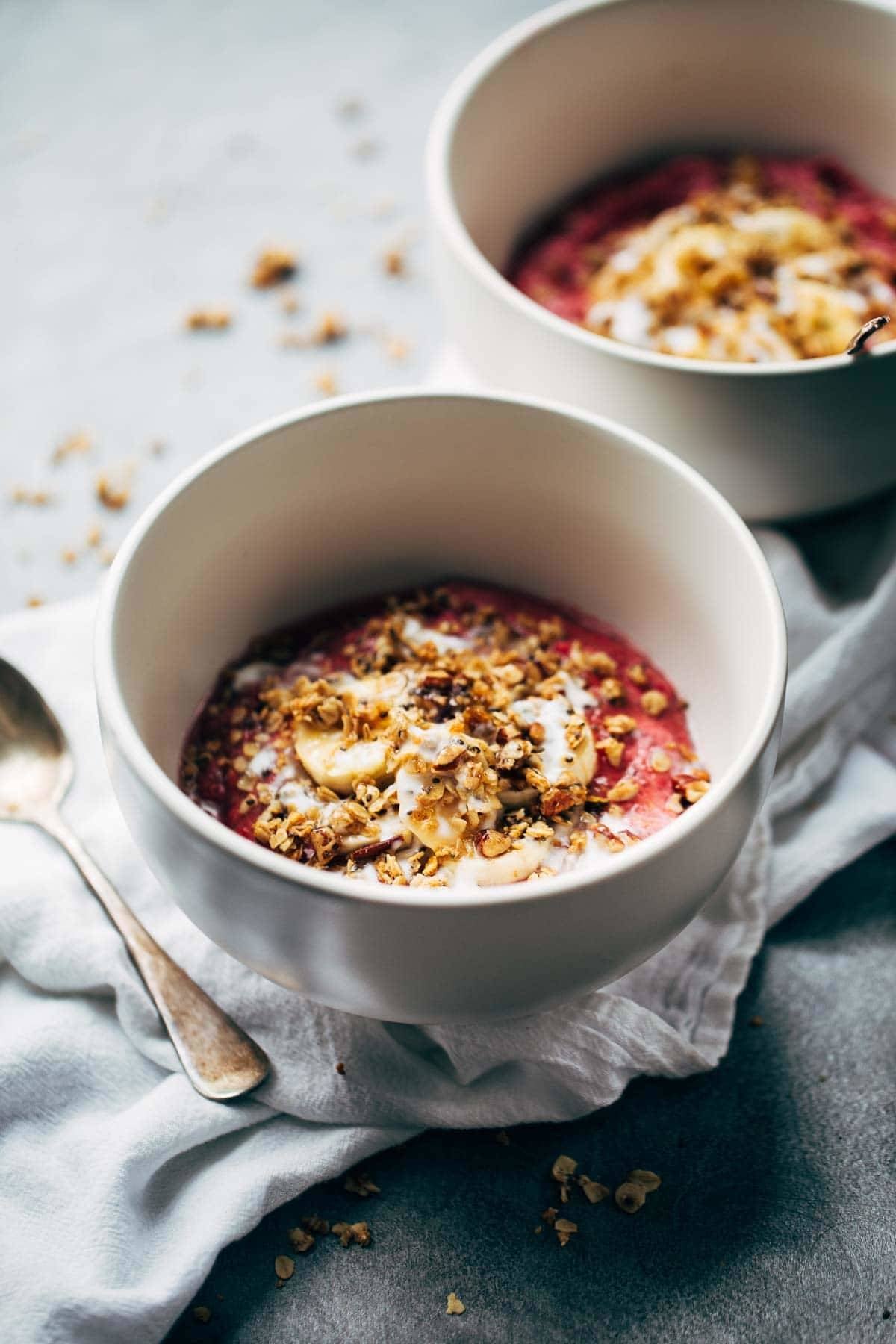 Raspberry Breakfast Bowls on a napkin.