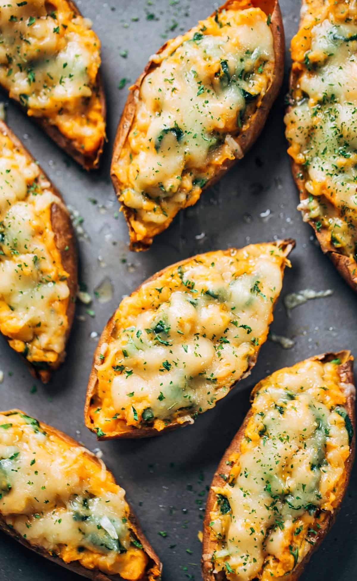Sweet potato skins stuffed with mashed sweet potato, chickpeas, spinach, and Mozzarella cheese.
